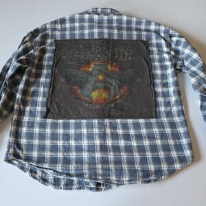 Aerosmith Graphic Plaid Flannel Shirt Blue White Band Back Patch Small 2023